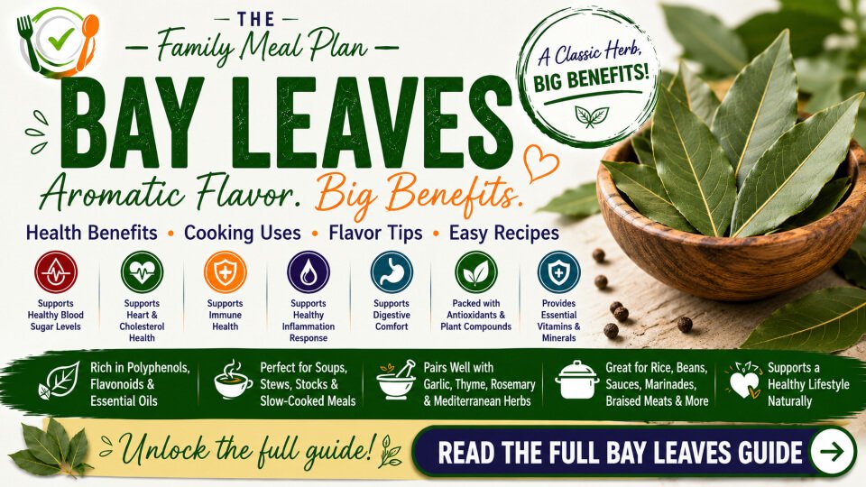 Bay Leaves health benefits summary guide featuring antioxidant support, blood sugar health, cooking uses, and flavor tips by The Family Meal Plan.
