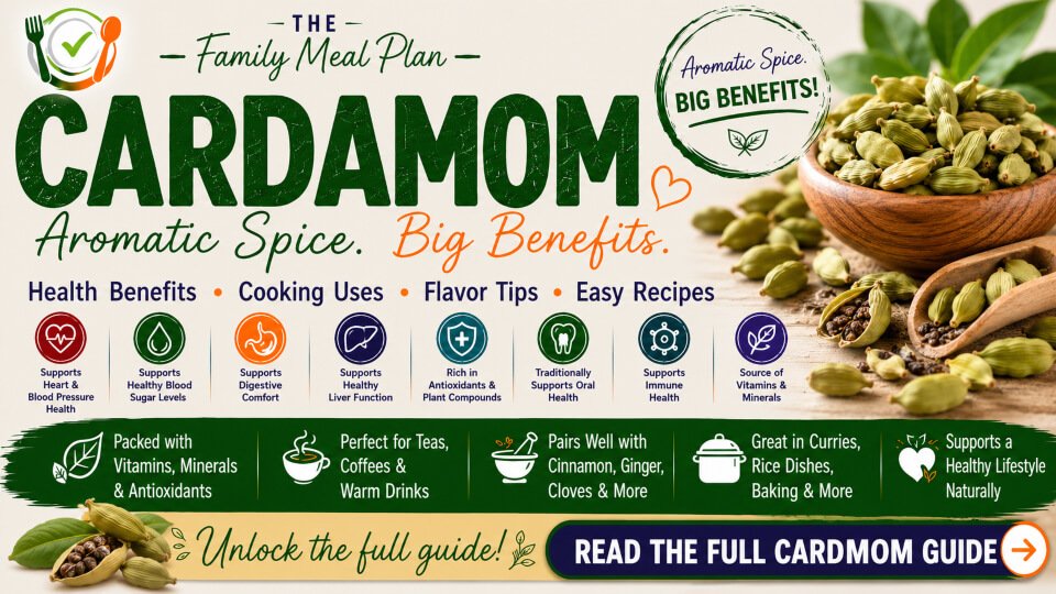 Cardamom health benefits summary guide featuring cardiovascular wellness, blood pressure support, digestive health, antioxidants, cooking uses, flavor pairings, and recipes from The Family Meal Plan