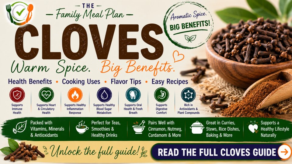 Cloves health benefits summary guide featuring antioxidant-rich cloves, wellness benefits, cooking uses, flavor pairings, and The Family Meal Plan branding.