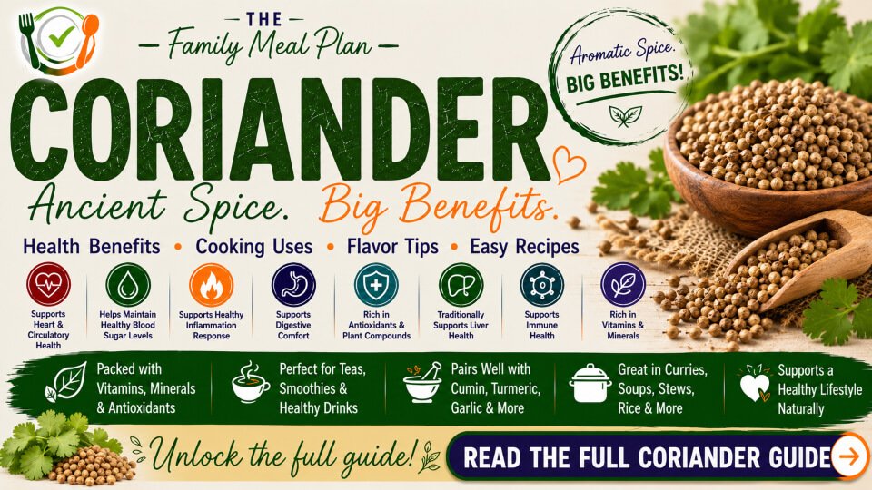 Coriander health benefits summary guide showing antioxidant benefits, blood sugar support, heart health, digestive wellness, cooking uses, flavor pairings, and recipe ideas from The Family Meal Plan.