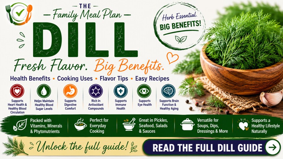 Fresh dill health benefits summary guide featuring nutrition highlights, cooking uses, flavor tips, and recipes from The Family Meal Plan.