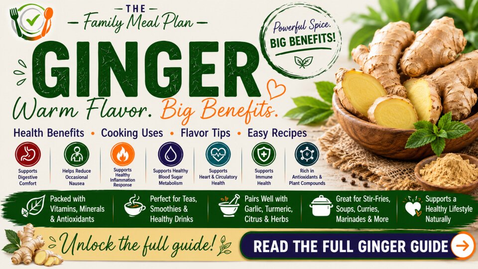 Ginger health benefits guide featuring fresh ginger root, ground ginger, cooking uses, flavor tips, and wellness highlights.