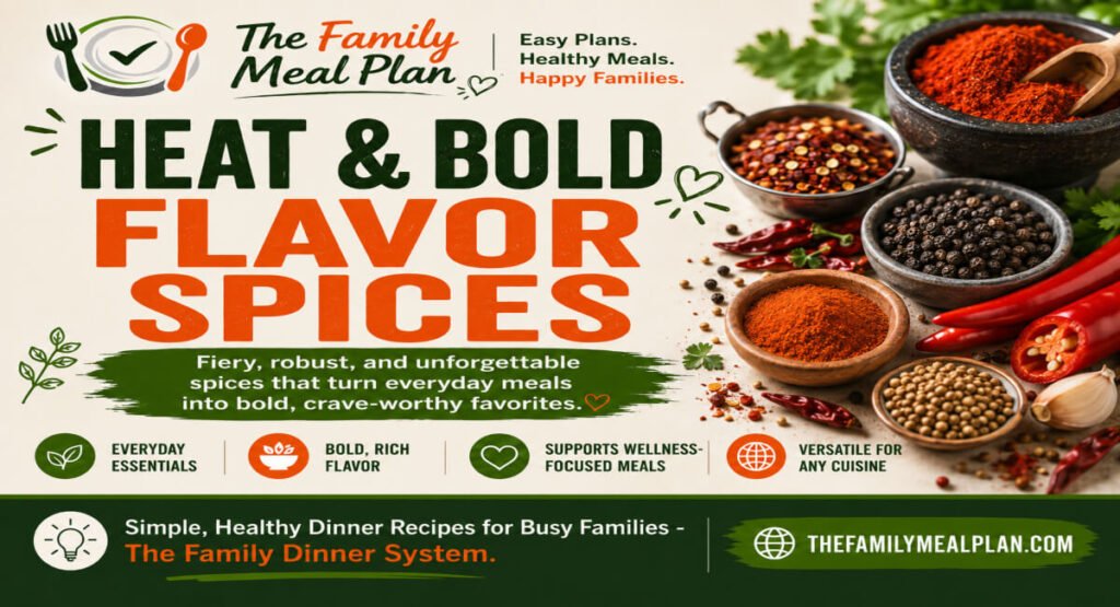 Heat & Bold Flavor Spices section header featuring paprika, chili peppers, black pepper, coriander, and red pepper flakes for The Family Meal Plan Herbs & Spices Guide