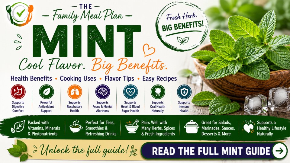 Mint health benefits summary guide featuring digestive support, antioxidants, respiratory wellness, cooking uses, and flavor pairings by The Family Meal Plan.