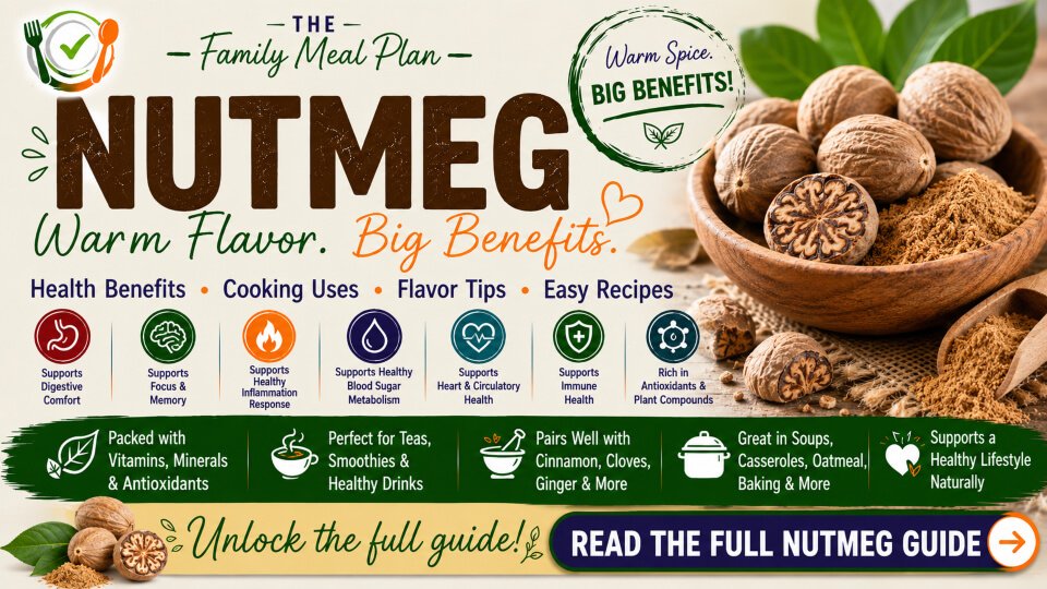 Nutmeg health benefits summary guide featuring whole nutmeg, ground nutmeg, cooking uses, flavor tips, and wellness highlights.