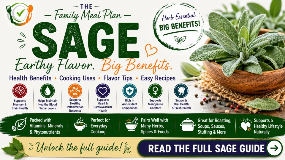 Sage health benefits summary guide featuring brain health, blood sugar support, healthy inflammation response, heart health, menopause support, oral health, cooking uses, and flavor tips by The Family Meal Plan.