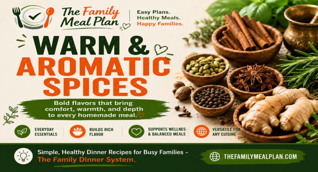 Warm & Aromatic Spices section header featuring cinnamon, ginger, star anise, cardamom, black pepper, rosemary, and other warming spices by The Family Meal Plan.