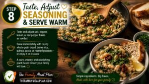 Finished Creamy Tuscan White Bean Skillet served warm with white beans, spinach, sun-dried tomatoes, fresh herbs, lemon, and crusty bread.