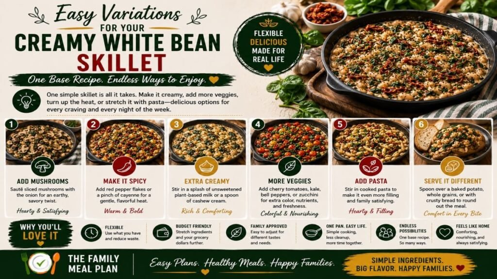 Creamy Tuscan white bean skillet variations with mushrooms, vegetables, pasta, extra spice, and creamy sauce options