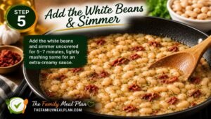 White beans simmering in the creamy Tuscan sauce with onions, garlic, sun-dried tomatoes, and herbs.