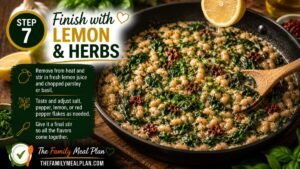 Fresh lemon juice and chopped herbs being added to Creamy Tuscan White Bean Skillet with white beans, spinach, and sun-dried tomatoes.