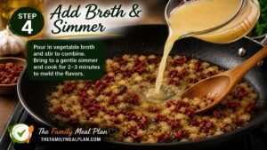 Vegetable broth being poured into a skillet with onions, sun-dried tomatoes, garlic, and herbs for Step 4 of Creamy Tuscan White Bean Skillet.