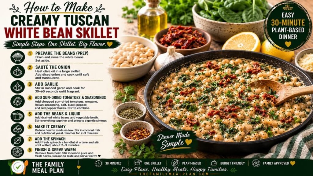 Step-by-step instructions showing how to make Creamy Tuscan White Bean Skillet in one pan