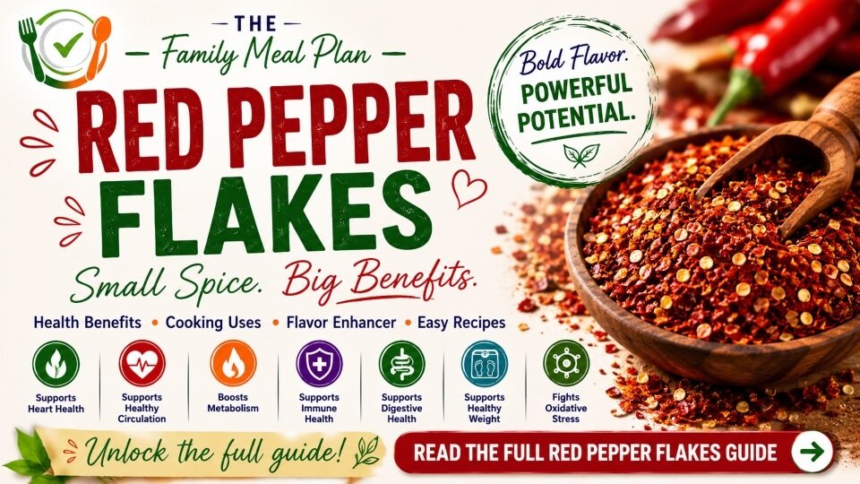 Red Pepper Flakes health benefits summary guide featuring capsaicin, antioxidant-rich chili flakes, cooking uses, flavor tips, and wellness research from The Family Meal Plan.