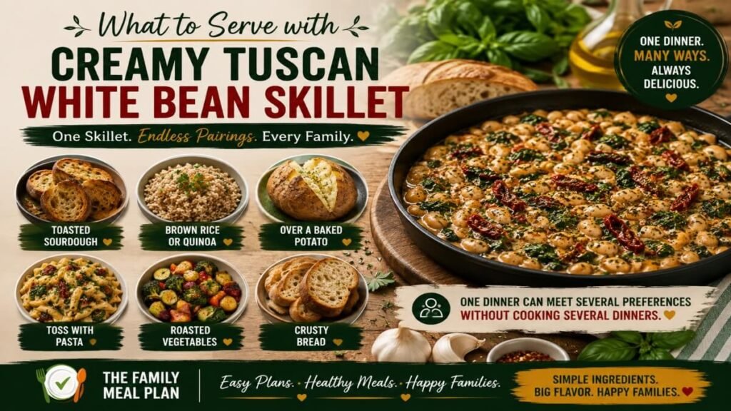 Creamy Tuscan white bean skillet with serving ideas including sourdough, brown rice, quinoa, baked potato, pasta, roasted vegetables, and crusty bread.